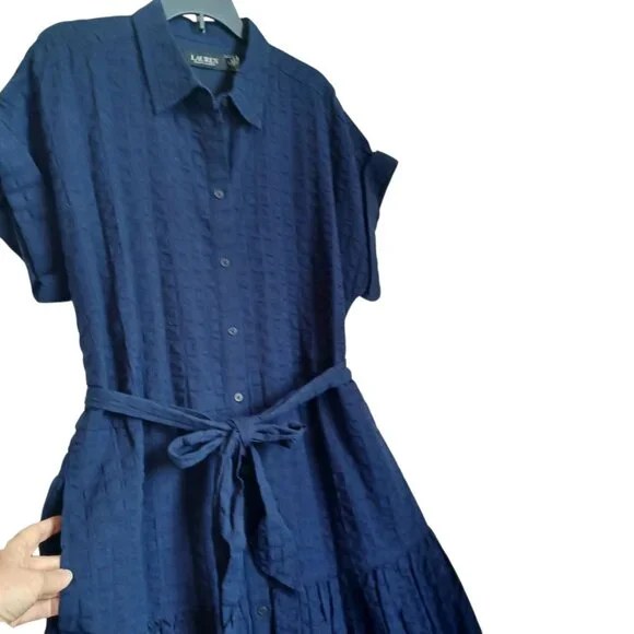 Ralph Lauren Dress Black Label Navy Blue Cotton Tiered Seersucker Womens 8 - Picture 6 of 10